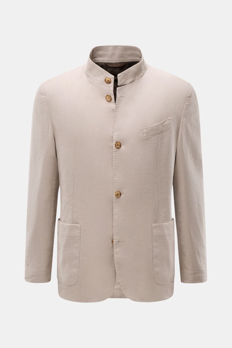Windsor Sakko 'Tirano' beige, slim Fit, Leinen-Lyocell-Mix, Stehkragen, Vier-Knopf-Stil, Brust- und Hüfttaschen, vorne frontal fotografiert.