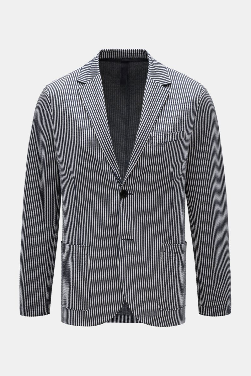 Harris Wharf London Seersucker-Blazer dark navy/hellgrau gestreift, frontale Ansicht, Slim Fit, ungefüttert, zwei Knöpfe, Brust- und Hüfttaschen, Baumwoll-Mix.