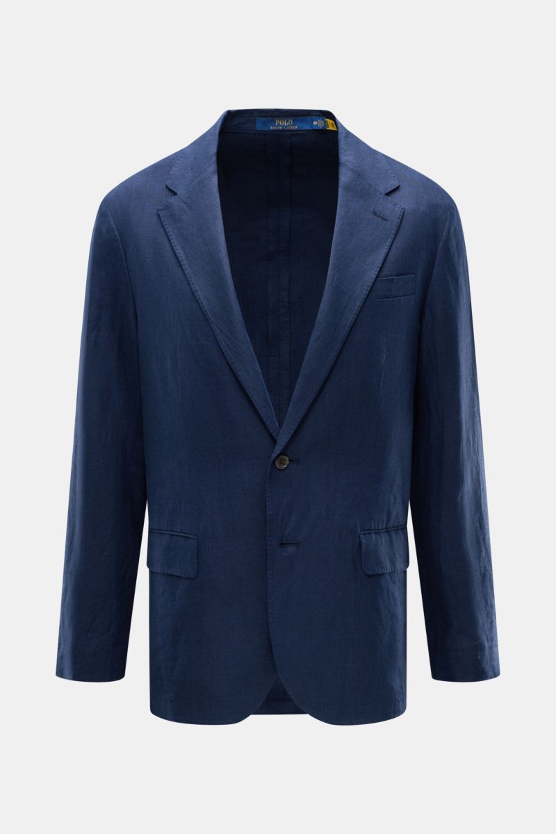 Polo Ralph Lauren Leinensakko navy, schmale Silhouette, reines Leinen, Slim Fit, fallendes Revers, Zwei-Knopf-Stil, Hüfttaschen mit Patte, frontal fotografiert.