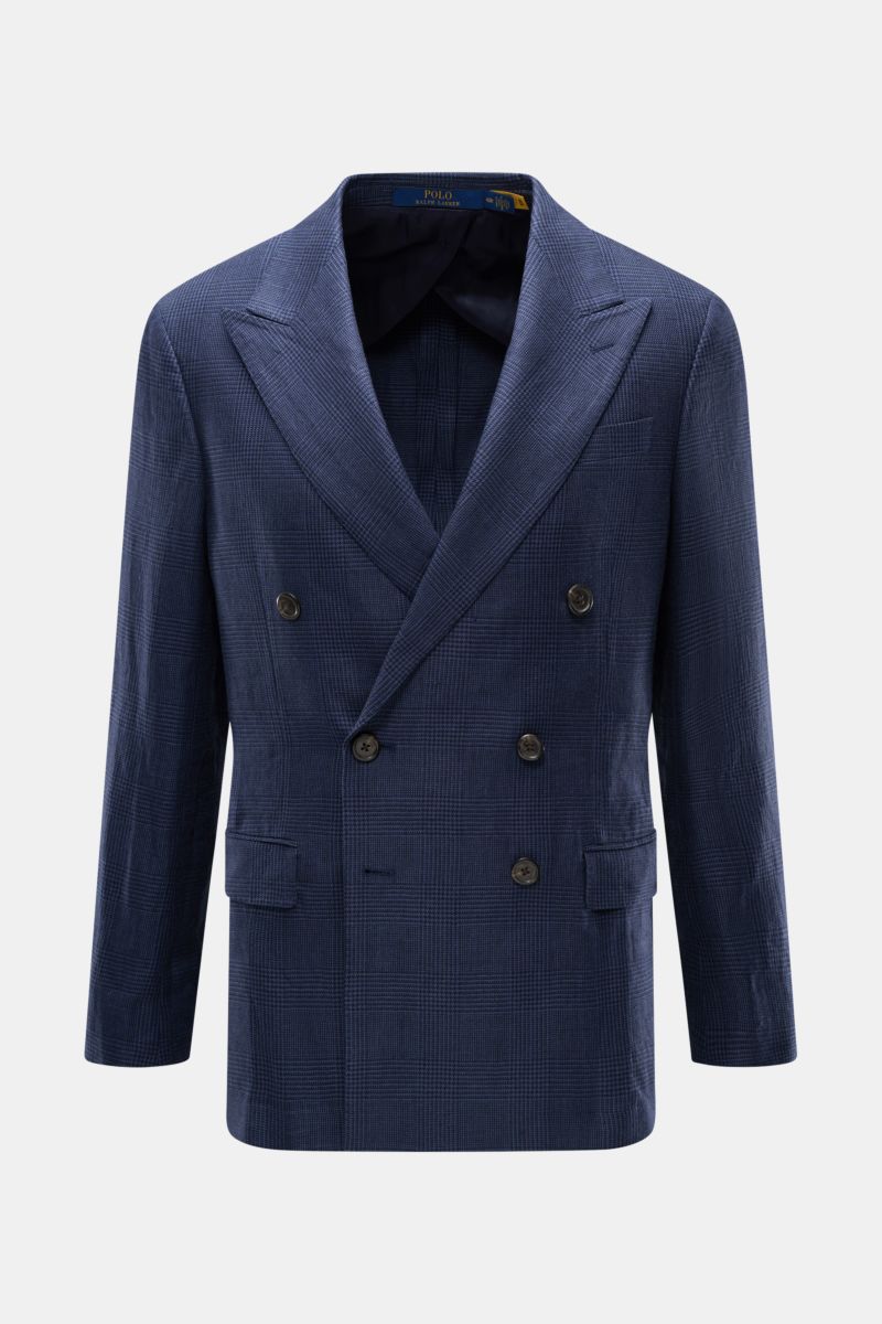 Polo Ralph Lauren Sakko navy/schwarz kariert, slim fit, Prince-of-Wales Karo, doppelte Knopfreihe, Spitzrevers, frontal fotografiert.