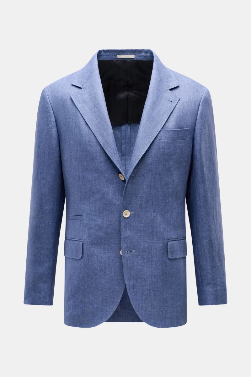 Front view of a Brunello Cucinelli Leinensakko graublau meliert, a slim fit, soft, lightweight linen jacket in denim look with three buttons, notch lapel, chest pocket, flap hip pockets, small welt pocket, buttoned cuffs, back side vents, half lining, and