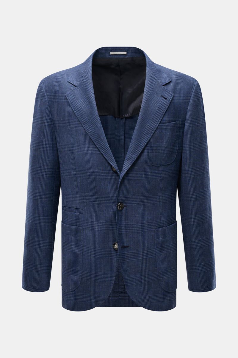 Front view of Brunello Cucinelli Sakko navy/graublau kariert, a slim fit wool, linen, and silk blend jacket with Prince-of-Wales check, soft feel, three-button style, notch lapel, chest pocket, patch hip pockets, small welt pocket, emblem buttons on sleev