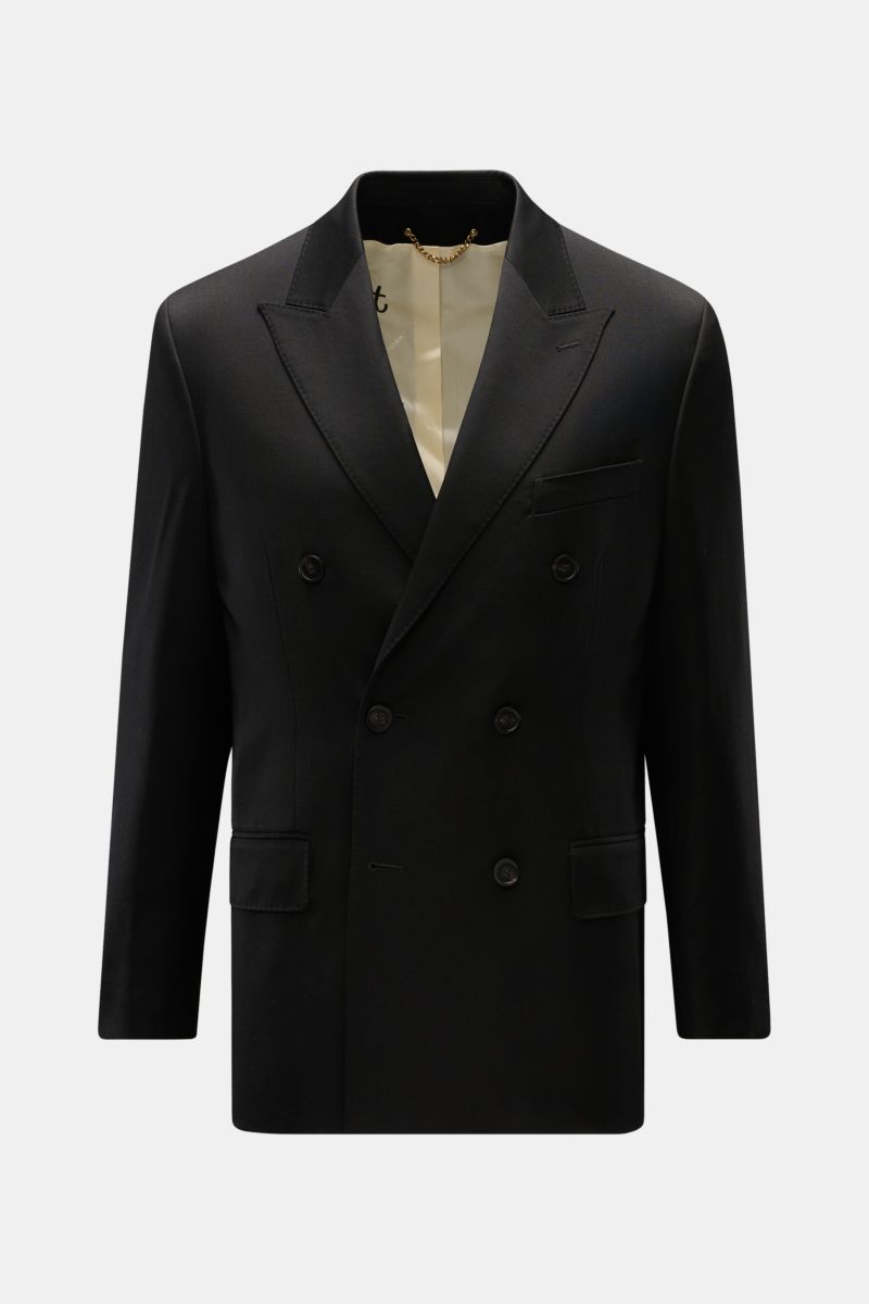 Golden Goose Sakko 'Dave' schwarz, frontale Ansicht, Slim Fit, zweireihig mit drei Knöpfen, Spitzrevers, Taschen mit Patte, edle Wollgabardine, gebrandetes Innenfutter.