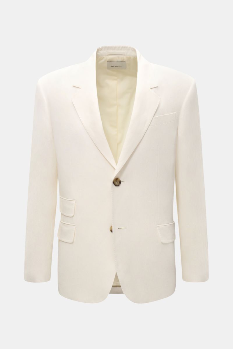Ami Paris Sakko creme, Slim Fit, aus Viskose-Leinen, frontal mit fallendem Revers, Zwei-Knopf-Stil, Brust- und Hüfttaschen, Innentaschen.