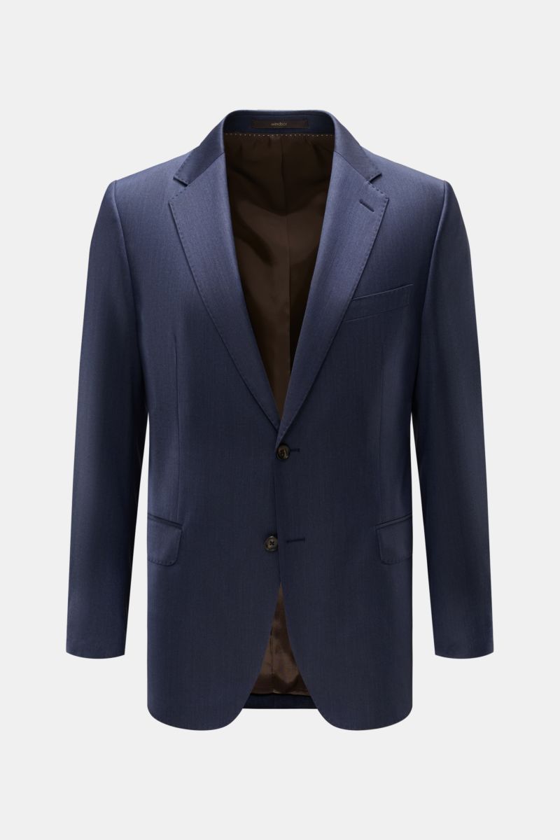 Front view of Windsor Smart-casual jacket 'Sera' grey-blue in fine wool with slim fit, step lapel, two-button style, classic breast pocket, hip pockets with flap, kissing buttons, side vents, smooth lining, and three inside pockets. 

Get an assured lo