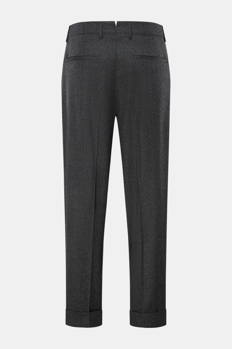 Berwich Wool trousers 'Chiaia' anthracite mottled shown from the back, ankle-length tapered fit, pure virgin wool, simple pleats, side and hip pockets, fixed hem turn-up.
