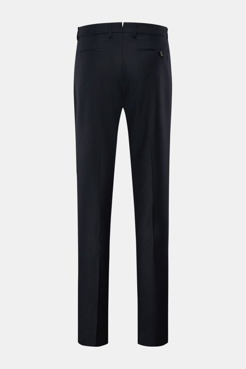 Berwich Wollhose 'Retro Long' dark navy shown from the back, slim fit wool pants with cashmere blend, waistband, single pleat, buttoned back pockets, and French welt pockets, crafted in Italy for an elegant, modern look. 

Die Hose 'Retro Long' aus fei