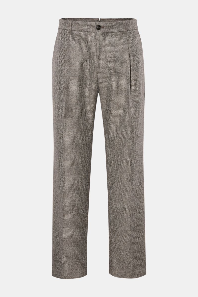 Front view of Windsor Wollhose 'Francos' braun/hellgrau gemustert, a stylish men's tapered wool trouser with fine weave, soft feel, regular thigh width, ankle length, straight cut, zipper and button, single pleat, French pockets, and back pockets with but