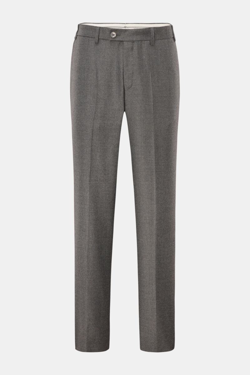 Hiltl Wollhose 'Piacenza' grau meliert, Frontansicht, Regular Fit, Twill aus Wolle und Cashmere, mit Bundknopf, Reißverschluss, französischen und Knopf-Gesäßtaschen.