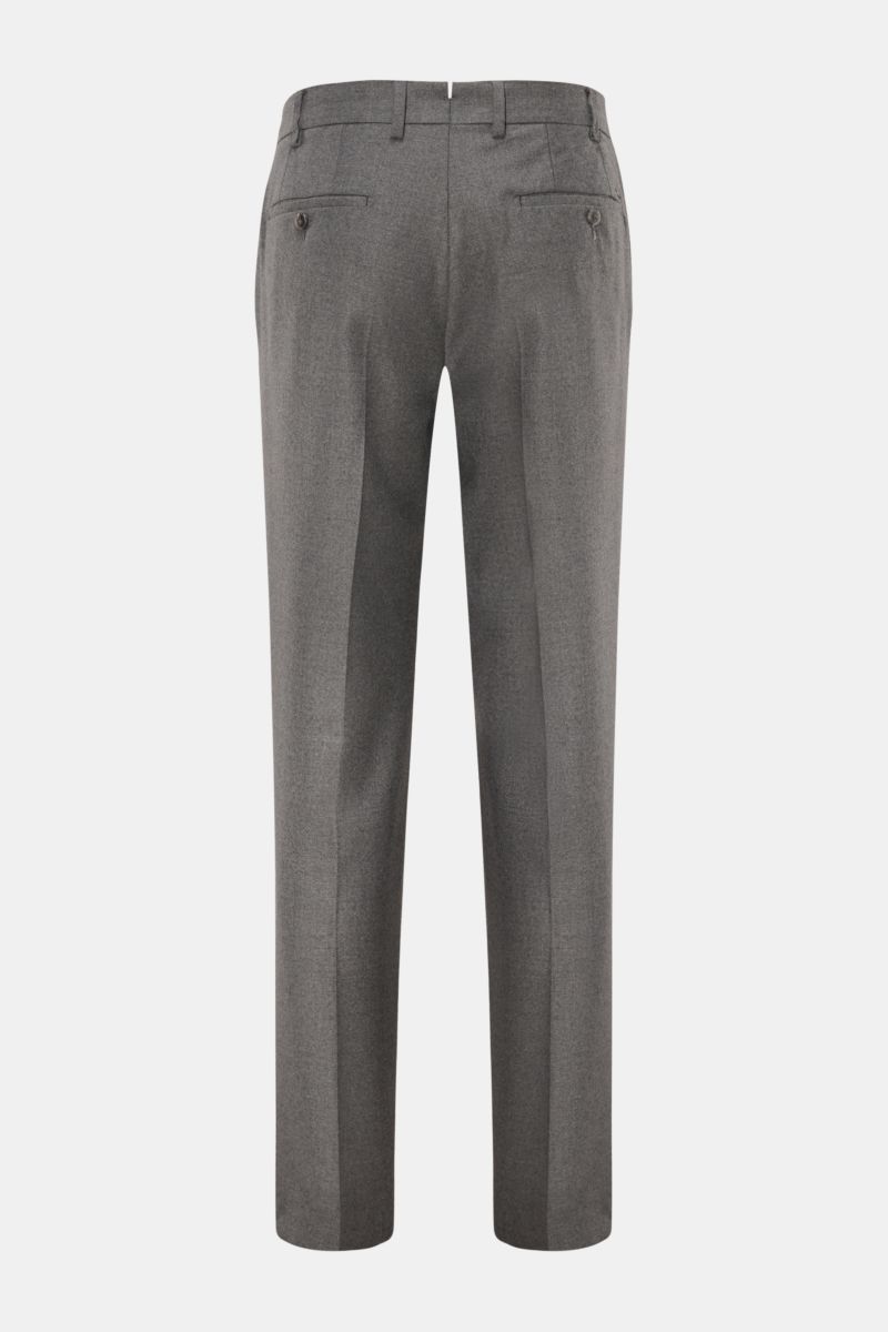 Hiltl Wollhose 'Piacenza' grau meliert, Rückansicht, Regular Fit, gerader Schnitt, Twill aus Wolle und Cashmere, mit Bundknopf, Reißverschluss, französischen und Knopf-Gesäßtaschen.