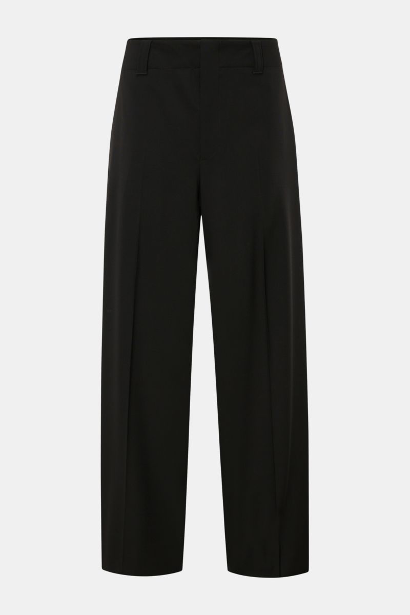 Front view of Emporio Armani Wool trousers black, regular fit with straight, short cut, zip and hook fastener, side seam pockets, and jetted back pockets, made from elastic virgin wool with a soft feel, open length, perfect office essential for comfortabl