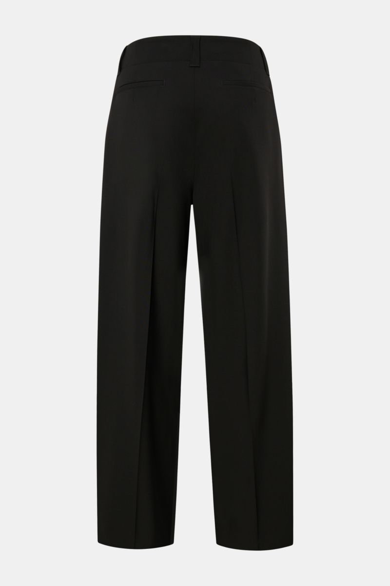 Rear view of Emporio Armani Wool trousers black, office essential made of elastic virgin wool, soft feel, regular fit, straight short cut, zip and hook fastener, side seam pockets, jetted back pockets, open length.