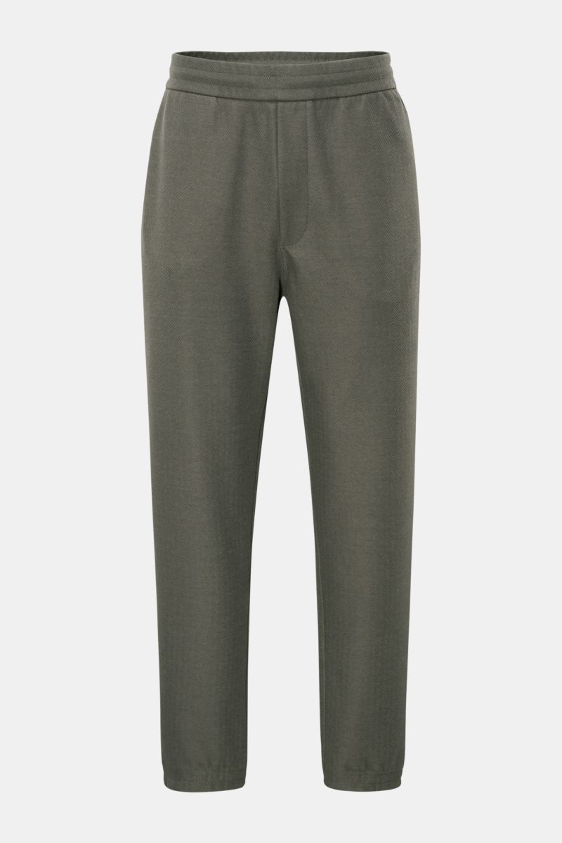 Vorderansicht der Emporio Armani Jogpants dunkelgrau aus Baumwoll-Lyocell-Mix, mit elastischem Bund, französischen Taschen, tapered Fit und elastischen Beinabschlüssen.