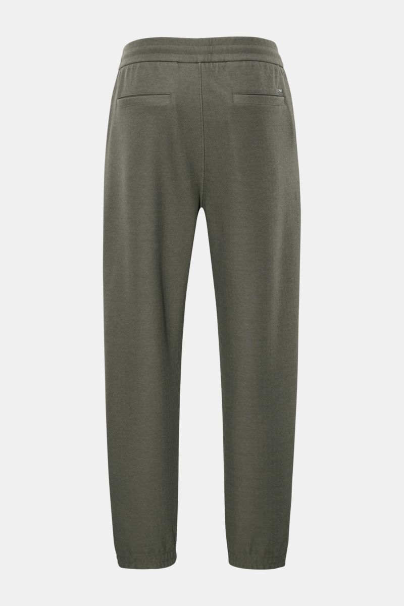 Emporio Armani Jogpants dunkelgrau, Rückansicht, knöchellang, sehr schmal zulaufend, elastischer Bund, französische Taschen, paspelierte Gesäßtaschen.