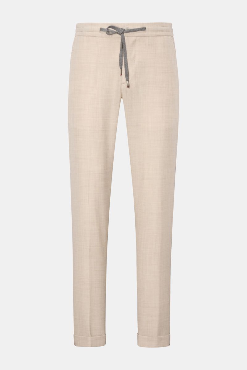 Front view of Marco Pescarolo Woll-Jogpants 'Caracciolo' beige meliert made of pure virgin wool, soft feel, regular fit, tapered legs, elastic waistband with drawstring, zip and button closure, French pockets, welted back pockets with zipper, fixed hem cu