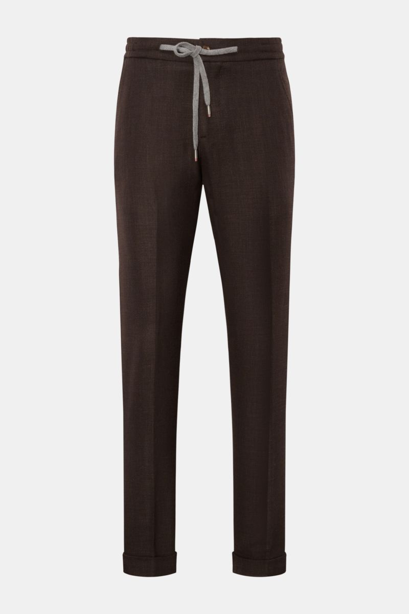 Marco Pescarolo Jogpants 'Caracciolo' dunkelbraun, frontale Nahaufnahme, Schurwoll-Mix, Regular Fit, elastischer Bund mit Tunnelzug, schmal zulaufend, Saumaufschlag.