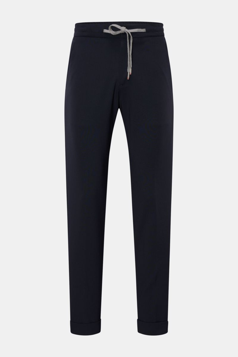 Marco Pescarolo Woll-Jogpants 'Caracciolo' navy, Frontansicht, Regular Fit, schmal zulaufend, elastischer Bund mit Tunnelzug, Reißverschluss, Bundknopf, paspelierte Taschen.