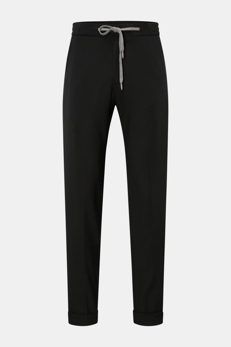 Marco Pescarolo Woll-Jogpants 'Caracciolo' schwarz, frontale Ansicht, Regular Fit mit elastischem Bund, Tunnelzug, Reißverschluss, französischen und paspelierten Taschen.