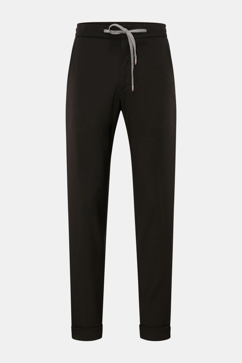 Marco Pescarolo Woll-Jogpants 'Caracciolo' dunkelbraun, frontale Ansicht, Regular Fit, schmal zulaufend, elastischer Bund mit Tunnelzug, französische Taschen, Saumaufschlag.