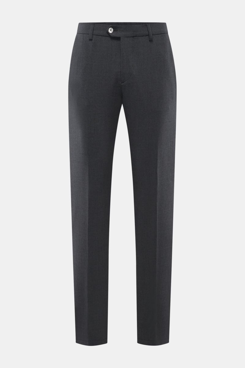 Front view of Marco Pescarolo Wollhose 'Evo' dunkelgrau meliert wool trousers, slim fit with elastic waistband and buttoned back pockets.

Exquisite Fertigung und Materialqualität sind kennzeichnend für die Produkte von MARCO PESCAROLO: So wie das Mode