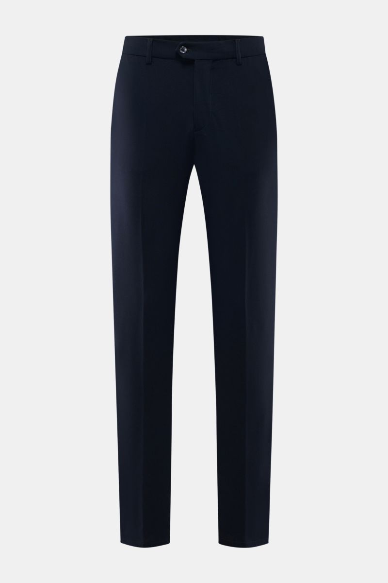 Front view of Marco Pescarolo Wollhose 'Evo' navy, slim-fit elastic wool trousers with soft touch, zip, buttons, and pockets. Exquisite Fertigung und Materialqualität sind kennzeichnend für die Produkte von MARCO PESCAROLO: So wie das Modell 'Evo', welche