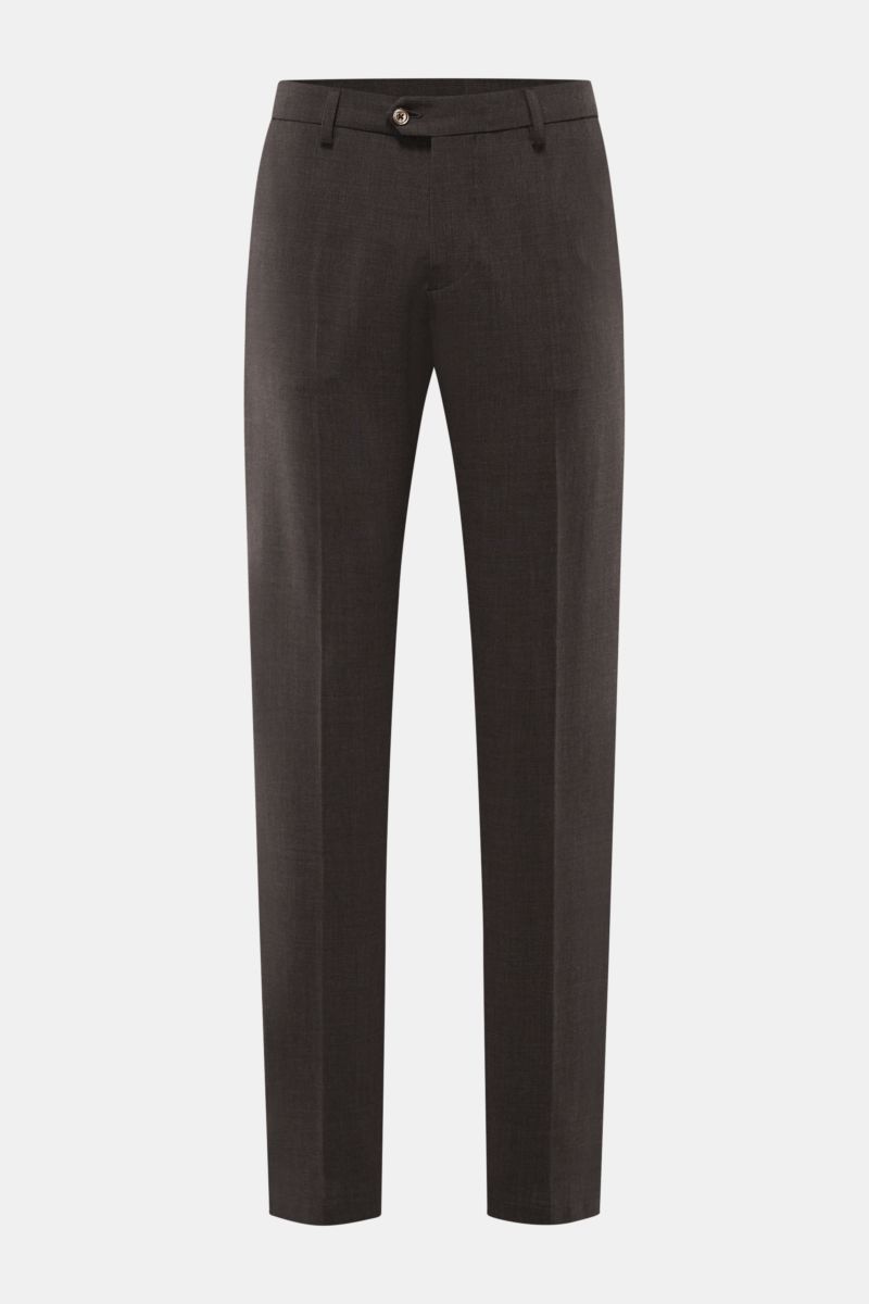 Front view of Marco Pescarolo Wollhose 'Evo' graubraun meliert, made of elastic wool with a soft touch, lightweight, regular fit, very slim taper, partial elastic waistband, zipper and button closure, French pockets, and back pockets with button. Exquisit