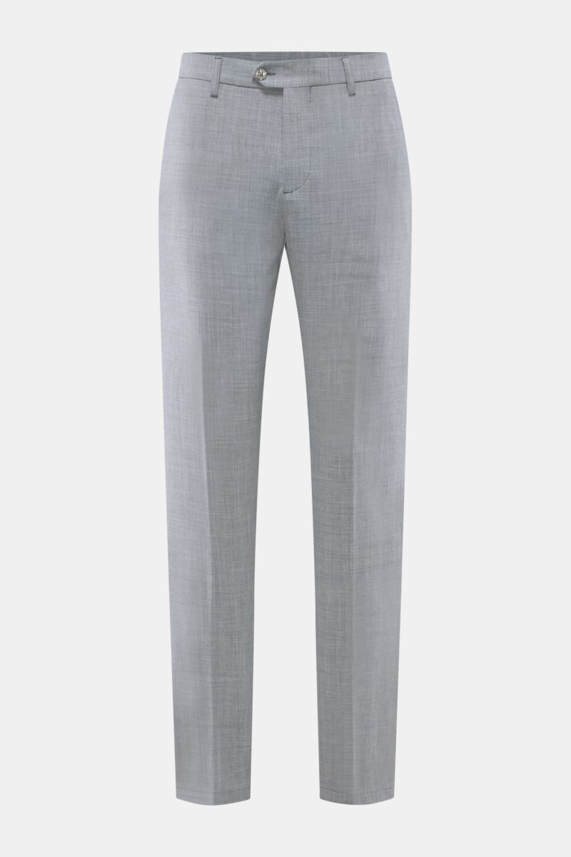 Front view of Marco Pescarolo Wollhose 'Evo' grau meliert, slim-fit elastic wool trousers with partial elastic waistband, zipper, buttons, and pockets. Exquisite Fertigung und Materialqualität sind kennzeichnend für die Produkte von MARCO PESCAROLO: So wi