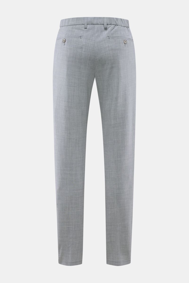 Rear view of Marco Pescarolo Wollhose 'Evo' grau meliert, slim tapered fit trousers in elastic soft grey wool with partial elastic waistband, zip, buttoned back pockets, and French pockets, showcasing exquisite material and craftsmanship. Exquisite Fertig