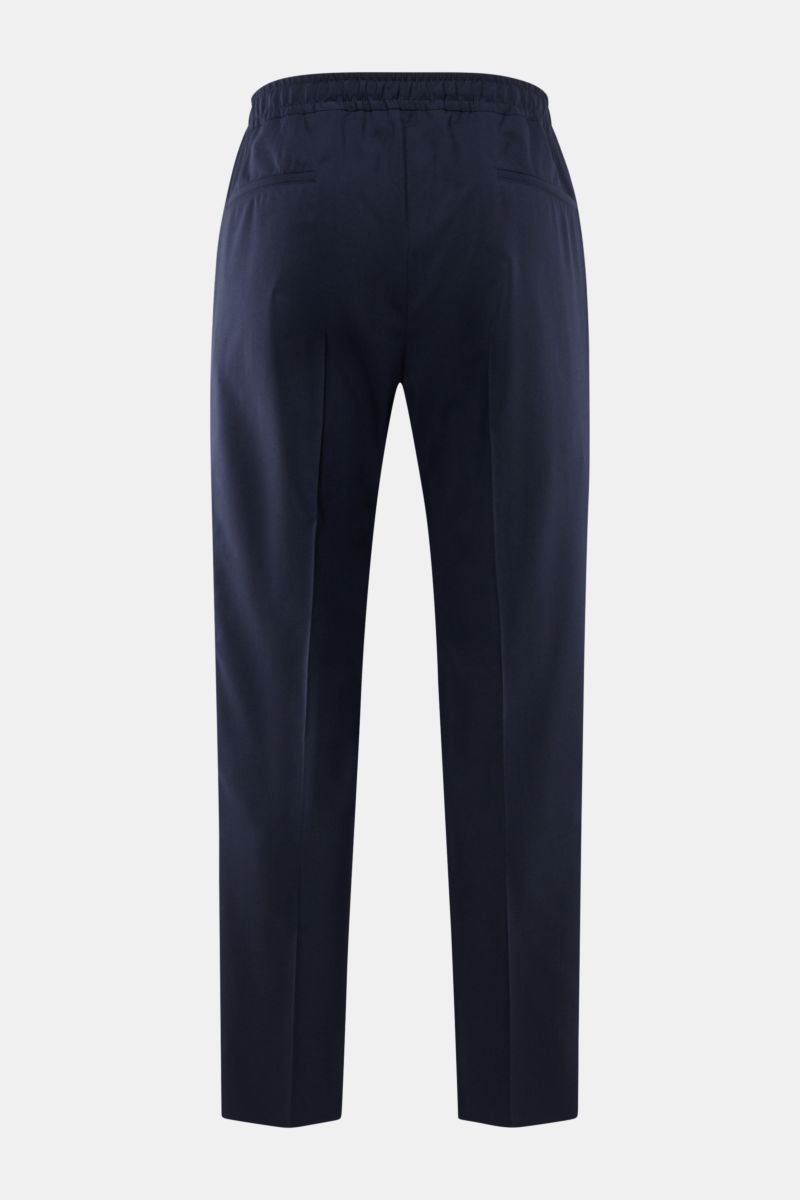 Rear view of Corneliani Jogpants navy in slim fit with elastic waistband, welt and piped back pockets, made of wool-silk blend fabric.