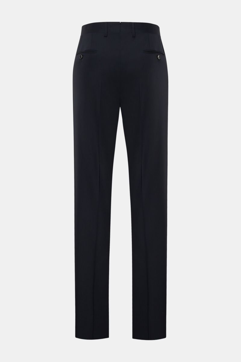 Lardini Wollhose navy, Rückansicht, aus leichter reiner Woll-Gabardine, Regular Fit, gerader Schnitt, mit Bundhaken, Reißverschluss, französischen Taschen, Uhrentasche, paspelierten Gesäßtaschen mit Knopf, offene Länge.