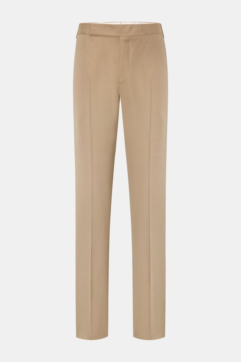 Front view of Lardini Trousers beige made from lightweight viscose with silk, featuring regular fit, straight cut, zip and hook fastener, French pockets, small watch pocket, jetted back pockets with button, and open length.

Description: Exquisite fabr