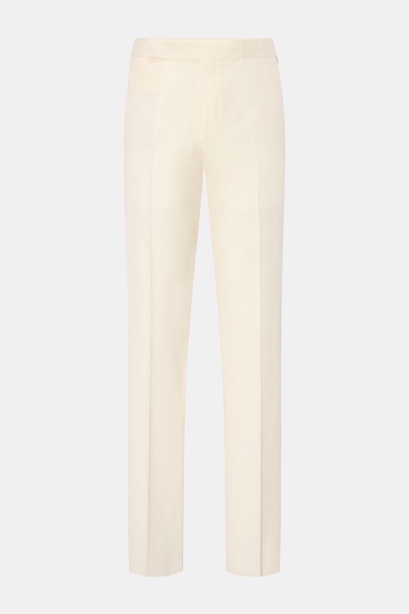 Front view of Lardini Hose creme in lightweight viscose with silk, featuring a regular fit, straight cut, zipper, hook closure, French and watch pockets, and buttoned back pockets. Edler Zwirn vom italienischen Traditionshaus LARDINI: aus leichter Viskose