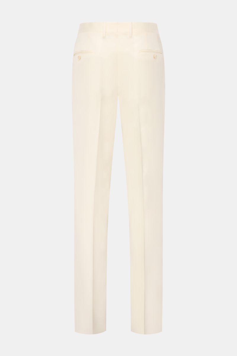 Lardini Hose creme von hinten, Regular Fit, aus leichter Viskose mit Seide, gerader Schnitt, französische Taschen, Uhrentasche, Gesäßtaschen mit Knopf.