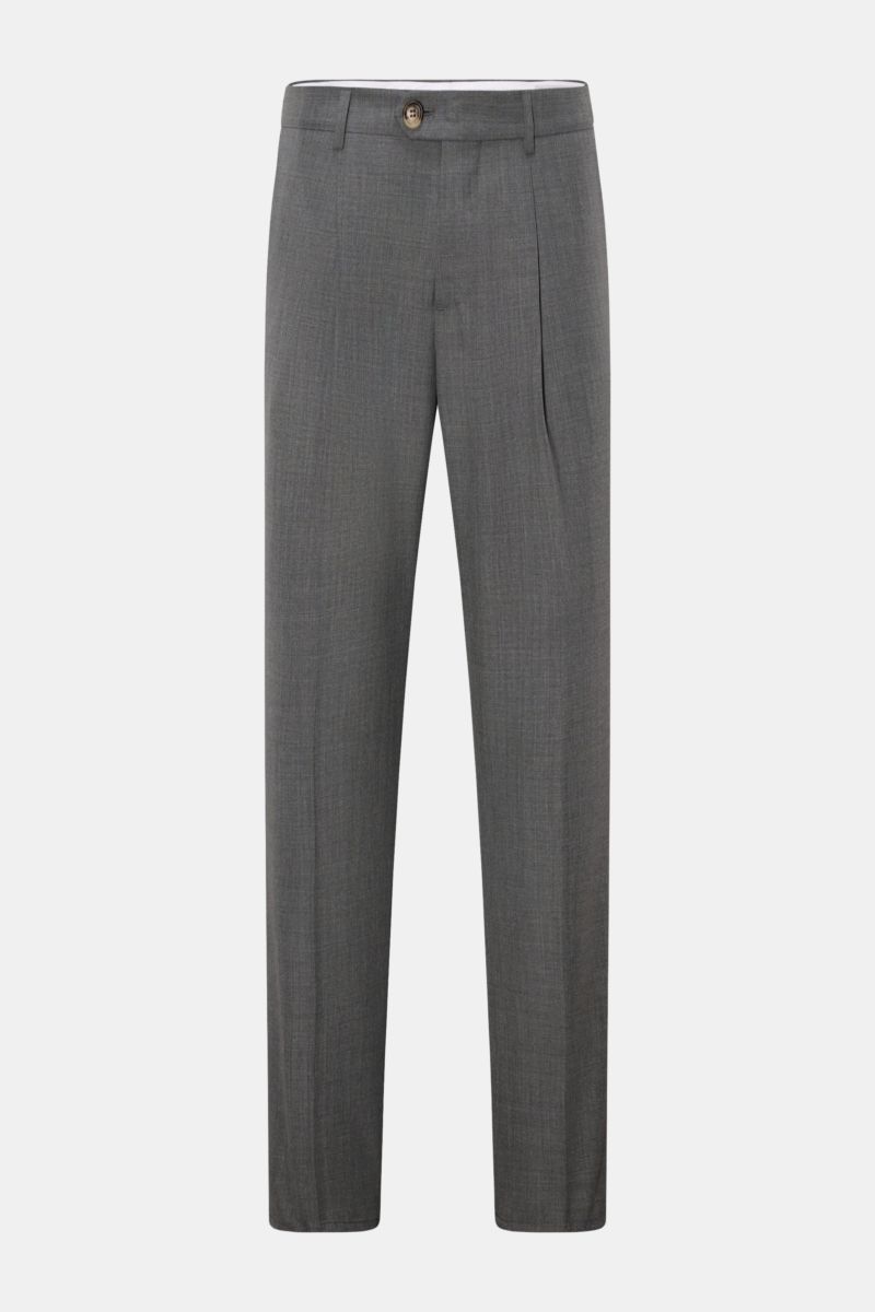Front view of Brunello Cucinelli Wollhose dunkelgrau meliert, an iconic Italian luxury wool trouser with classic pleat, zipper, hook, French pockets, and slim regular fit.