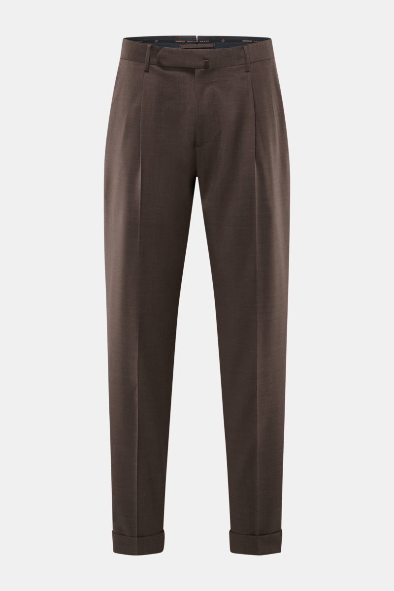 Santaniello Wollhose 'Camerota' braun meliert shown from the front on a plain background, featuring pure wool, soft touch, regular fit, zipper and waistband buttons, single pleat, French pockets, back pockets with buttoned flaps, and fixed hem cuffs. L