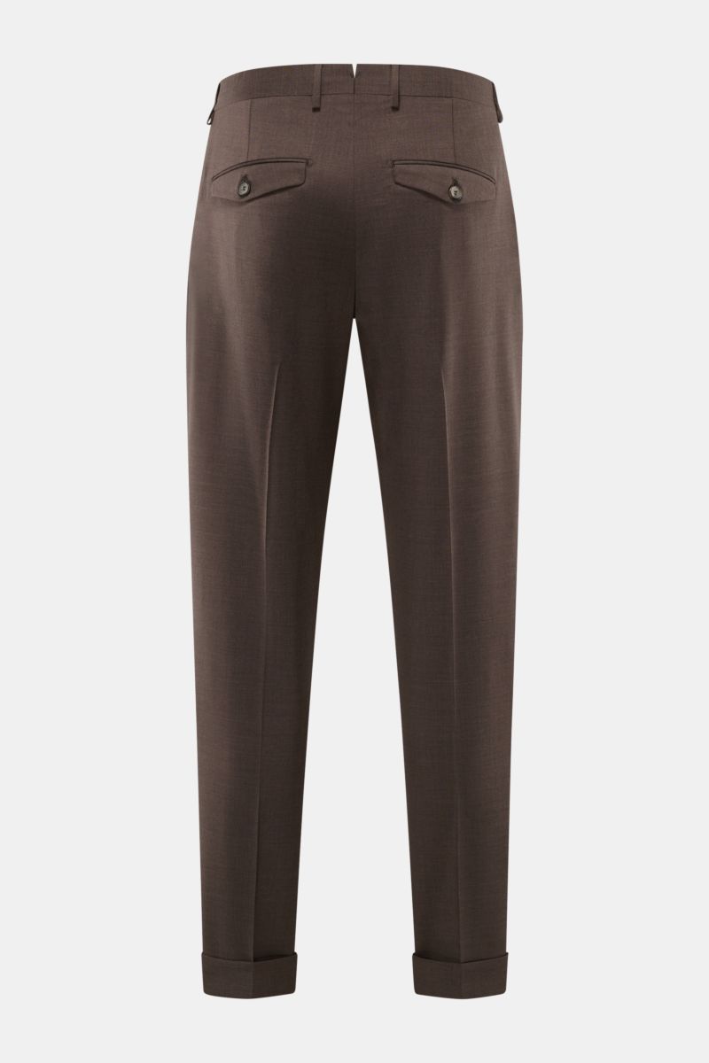 Santaniello Wollhose 'Camerota' braun meliert shown from the rear, featuring pure wool, soft touch, Regular Fit, zipper, buttoned waistband, simple pleat, French pockets, buttoned back pockets, and fixed cuffs. Lässigkeit trifft Stil: Die Bundfaltenhos