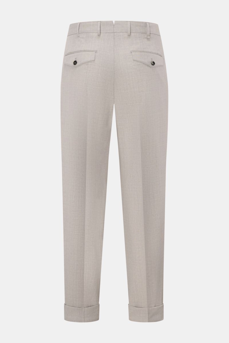 Rückansicht der PT Torino Wollhose 'Carrot Fit' hellgrau meliert aus elastischer Schurwolle mit Bundfalten, Uhrentasche und fixiertem Saumaufschlag.