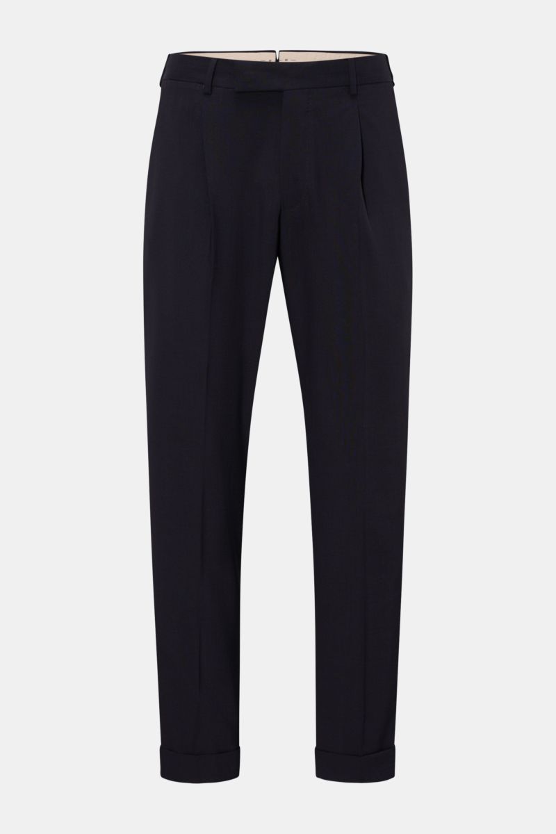 Front view of PT Torino Wool trousers 'The Rebel' navy, ankle-length with single pleat, French pockets, button flap back pockets, zip and hook fastener, fixed hem turn-up, made of slightly elasticated, smooth virgin wool for breathability and comfort, Reb