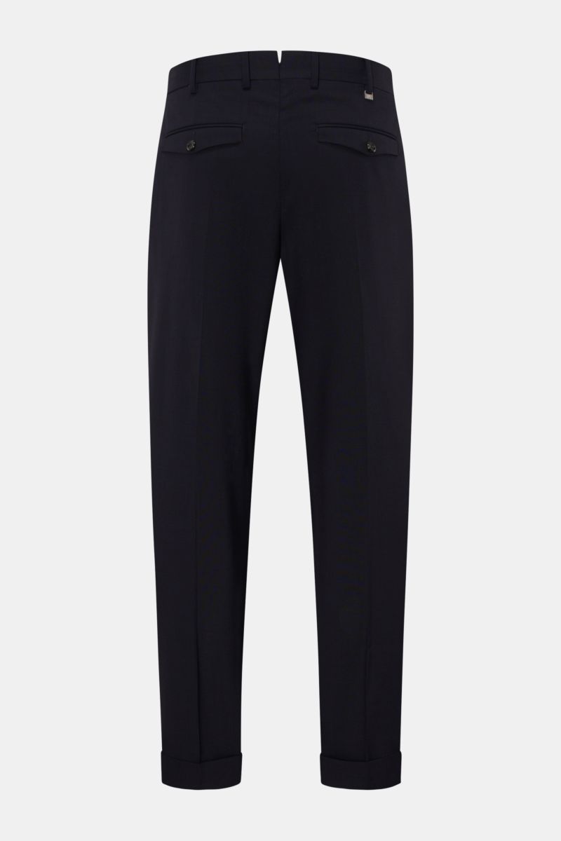 Rear view of PT Torino Wool trousers 'The Rebel' navy with slightly elasticated wool, single pleat, French pockets, back button flap pockets, ankle length, and fixed hem turn-up. The Rebel from trouser experts PT TORINO is your faithful companion for the 