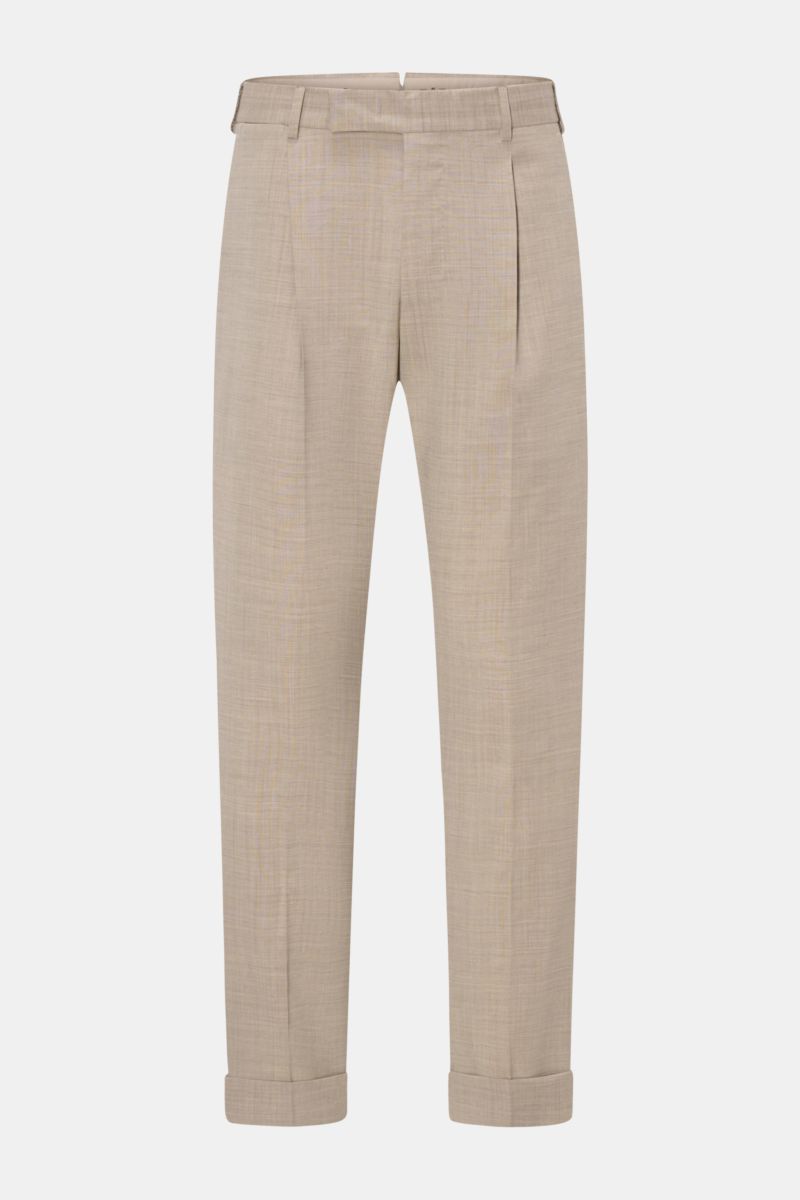 PT Torino Wollhose 'The Rebel' beige meliert, Frontansicht, knöchellang, mit leichter elastischer Schurwolle, Bundhaken, französischen Taschen, Reißverschluss, Bundfalte, Saumaufschlag.