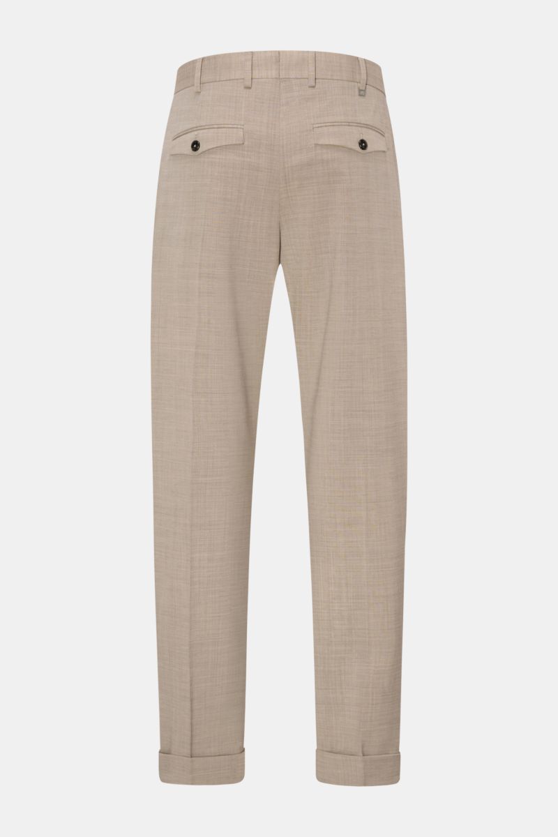 Rückansicht der PT Torino Wollhose 'The Rebel' beige meliert mit leicht elastischer Schurwolle, Reißverschluss, Bundhaken, französischen Taschen und fixiertem Saumaufschlag.
