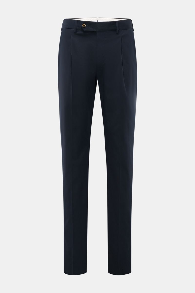 Front view of PT Torino Chinos 'Union Fit' dark navy, made from a fine cotton-silk twill with slight stretch for comfort, featuring regular fit, tapered cut, zip and waist buttons, simple pleat, French pockets, small watch pocket, and jetted back pockets 