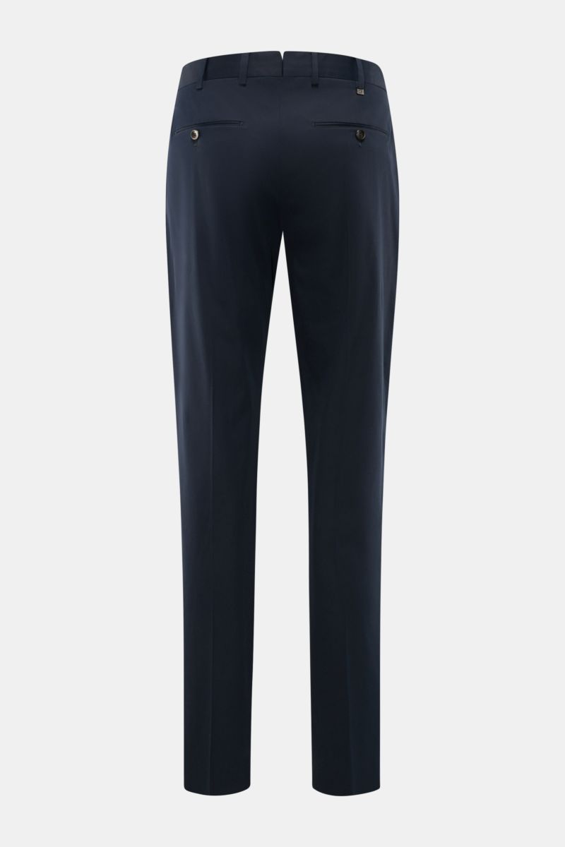 PT Torino Chinos 'Union Fit' dark navy shown from the back, featuring a tapered cut, regular fit, French pockets, small watch pocket, jetted back pockets with buttons, zip and waist buttons, made of a soft twill cotton-silk blend with slight stretch, open