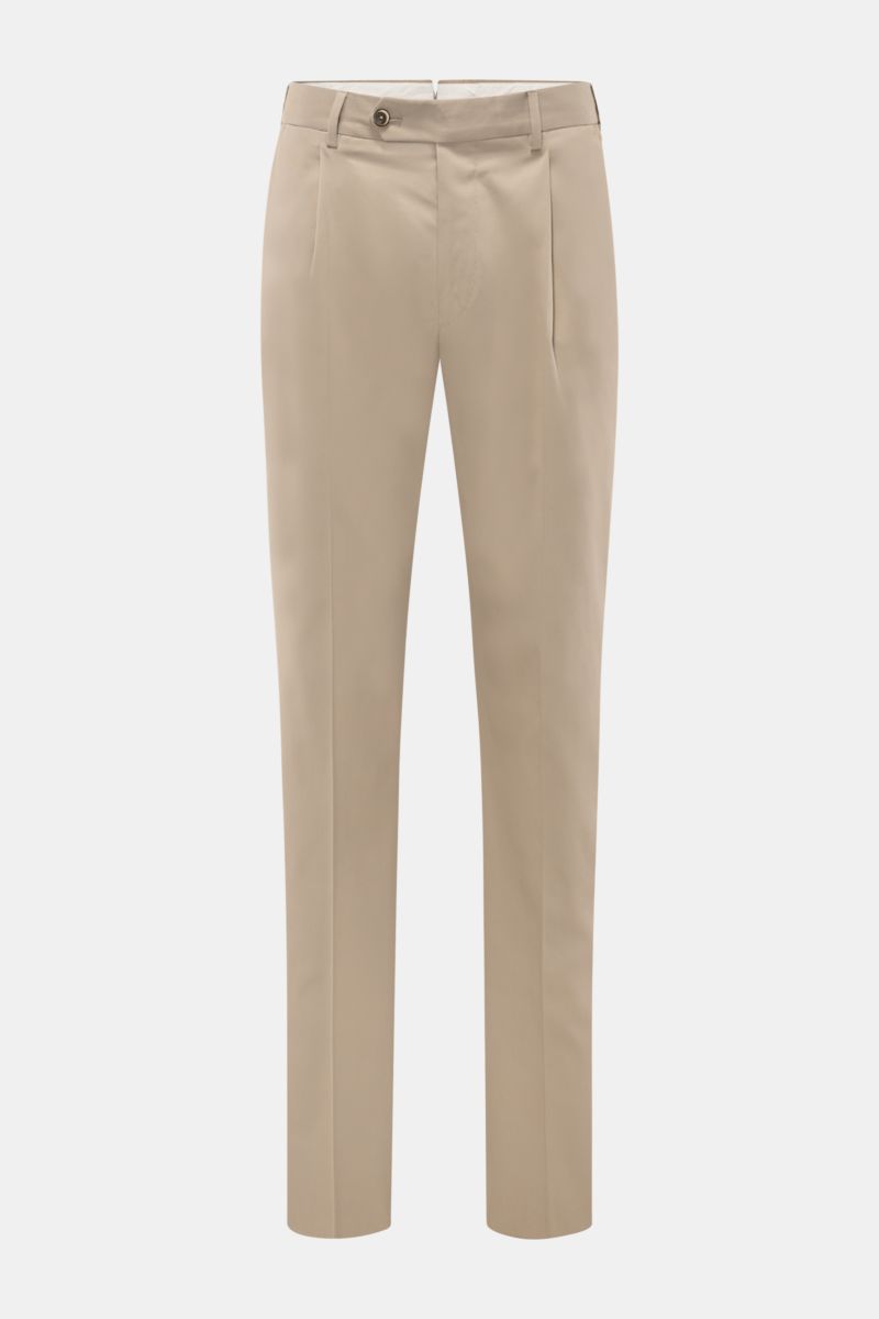 Front view of PT Torino Chinos 'Union Fit' beige, made from a fine cotton-silk twill blend with slight stretch. Features include a soft feel, regular fit, tapered cut, zip and waist buttons, simple pleat, French pockets, small watch pocket, jetted back po