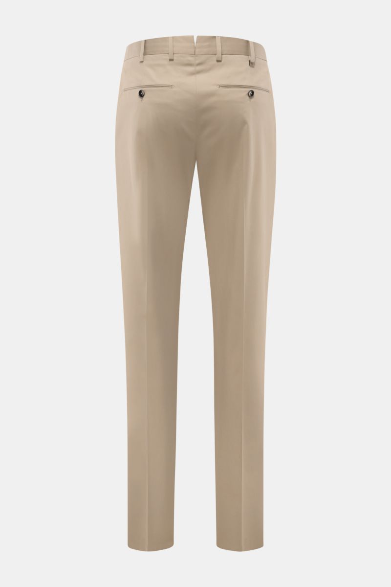 Rear view of PT Torino Chinos 'Union Fit' beige, made from a soft cotton-silk blend with subtle stretch, featuring tapered cut, French pockets, small watch pocket, jetted back pockets with buttons, simple pleat, zip and waist buttons, and open length, per