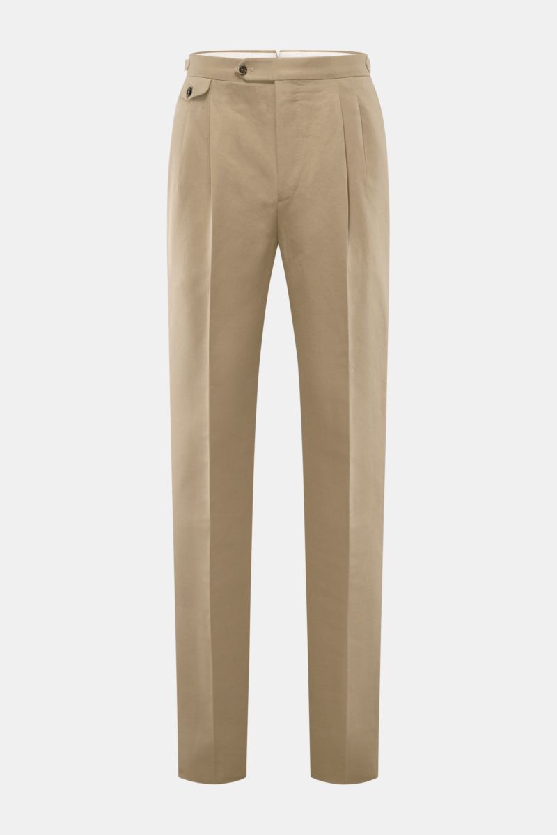 Front view of PT Torino Trousers 'Gentleman Fit' beige in linen-cotton blend, slim fit with tapered cut, double pleats, side adjusters, and buttoned pockets, perfect for summer office wear.