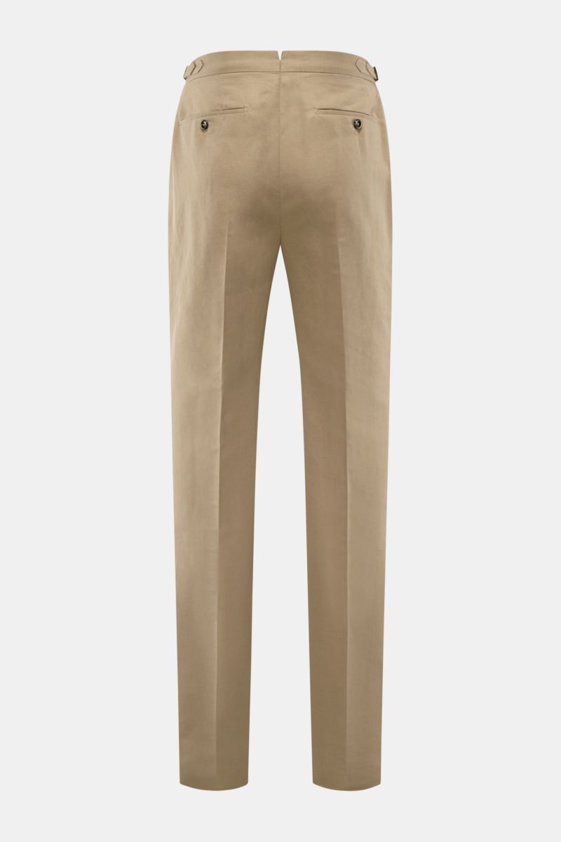 Rear view of PT Torino Trousers 'Gentleman Fit' beige in a slim, very tapered cut, linen and cotton blend with buttoned French and jetted pockets.
