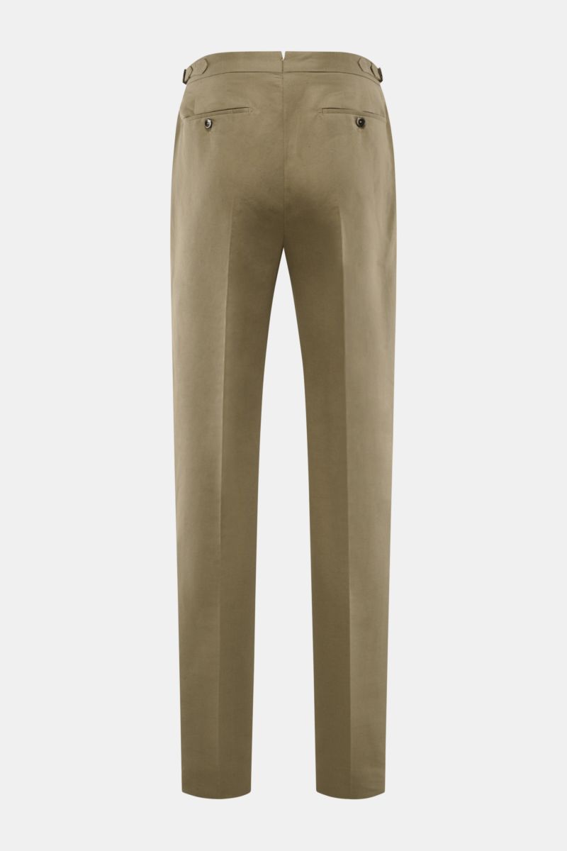 PT Torino Trousers 'Gentleman Fit' taupe shown from the back, slim fit, tapered linen-cotton blend with double pleats, side adjusters, and buttoned pockets.