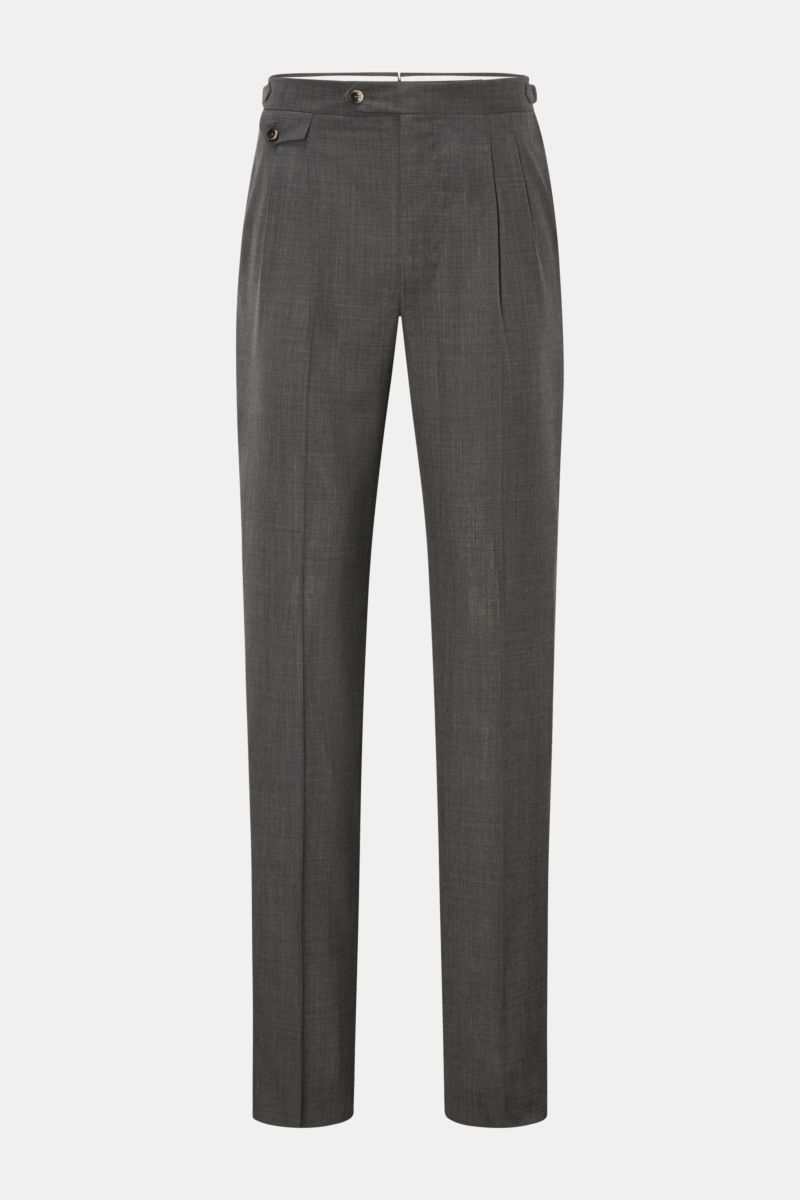 PT Torino Wool trousers 'Gentleman Fit' dark grey mottled, front view, slim fit virgin wool with double pleats, side adjusters, and buttoned pockets.