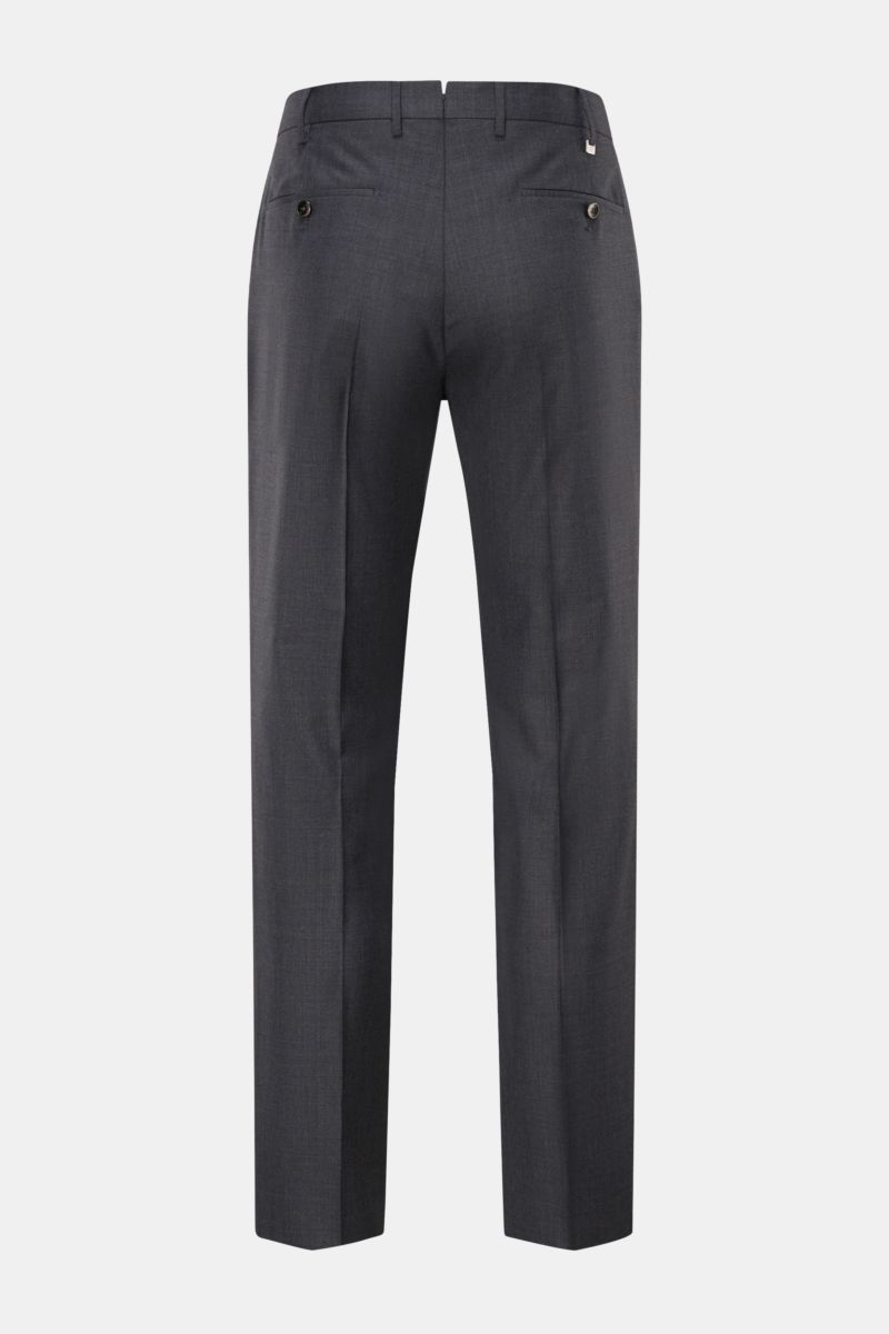 PT Torino Wollhose 'City' dunkelgrau meliert, Rückansicht, Regular Fit aus Super 160'S Schurwolle, Bundknöpfe, Reißverschluss, französische Taschen, offene Länge.